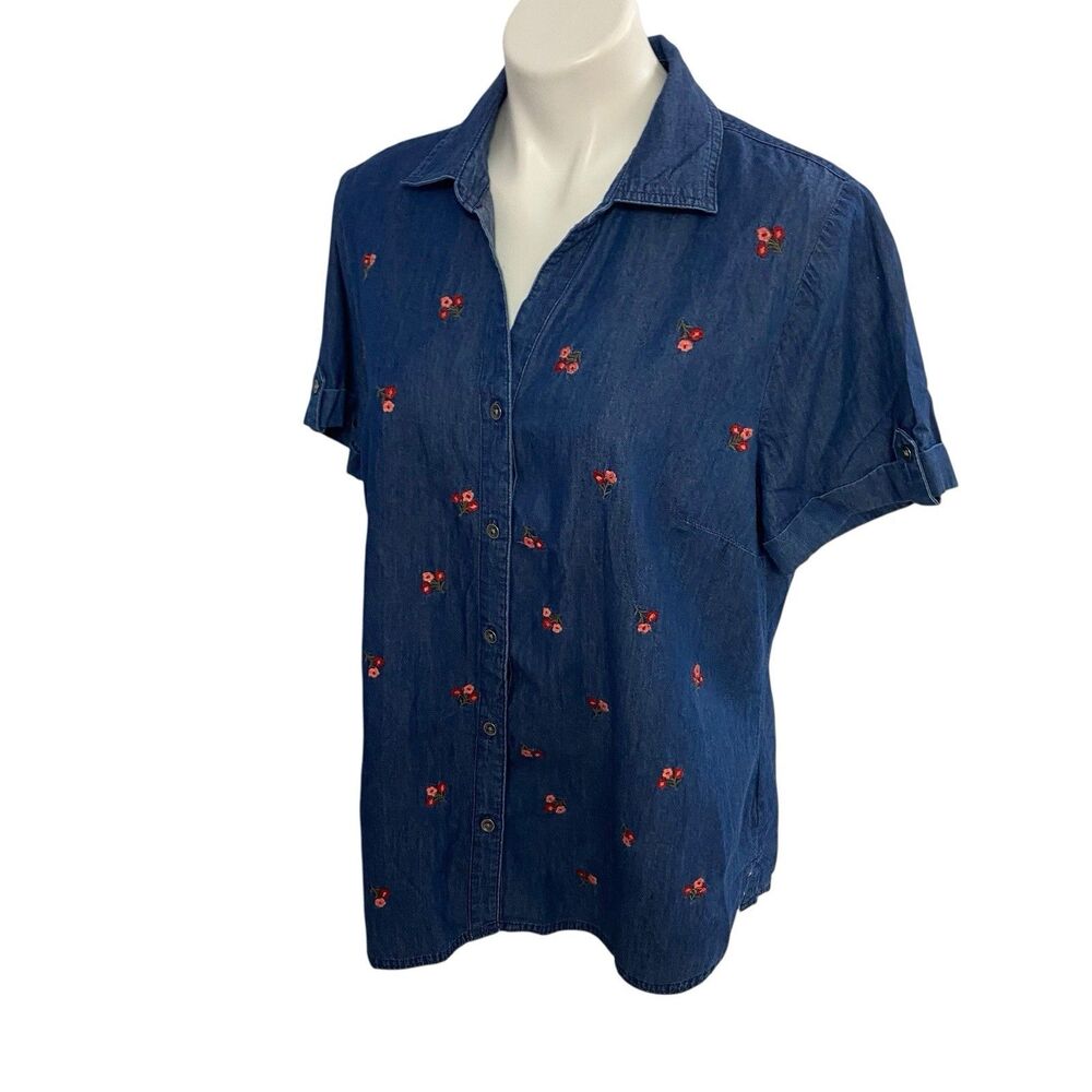 Karen Scott Shirt Womens Large Short Sleeve Top Embroidered Floral Chambray Vtg - Picture 10 of 16